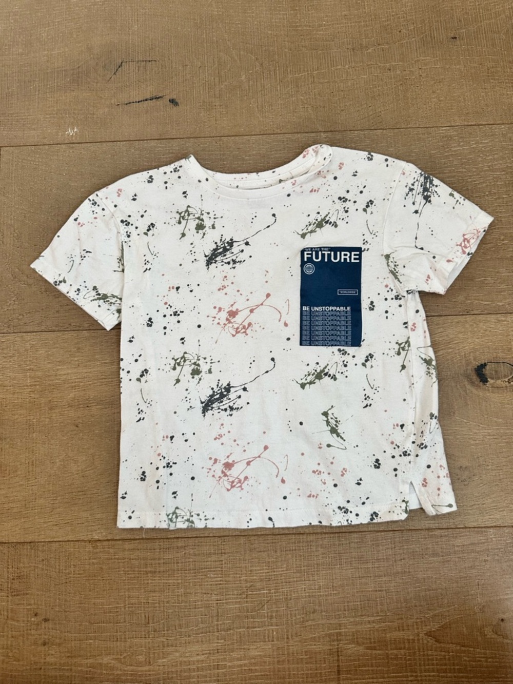 Primark White Short Sleeve Tee with Navy 'FUTURE' Patch and Paint Splatter - Picture 2 of 5